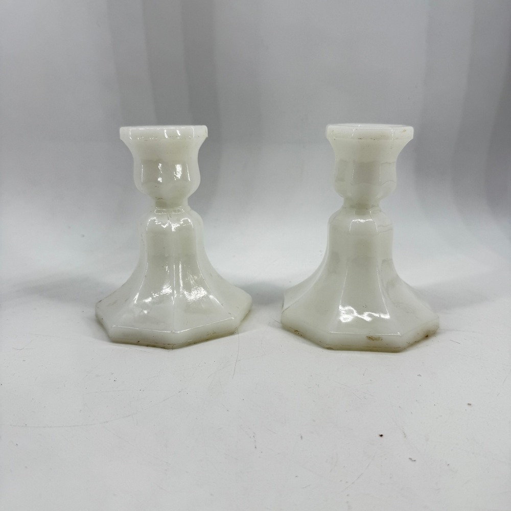 Vintage Milk Glass Candlestick Holders Pair White Octagonal‎ Base Paneled Set